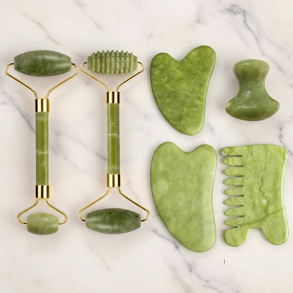 Set Massage Visage & Corps en Jade Naturel – Roller, Gua Sha & Peigne Liftant Anti-Âge