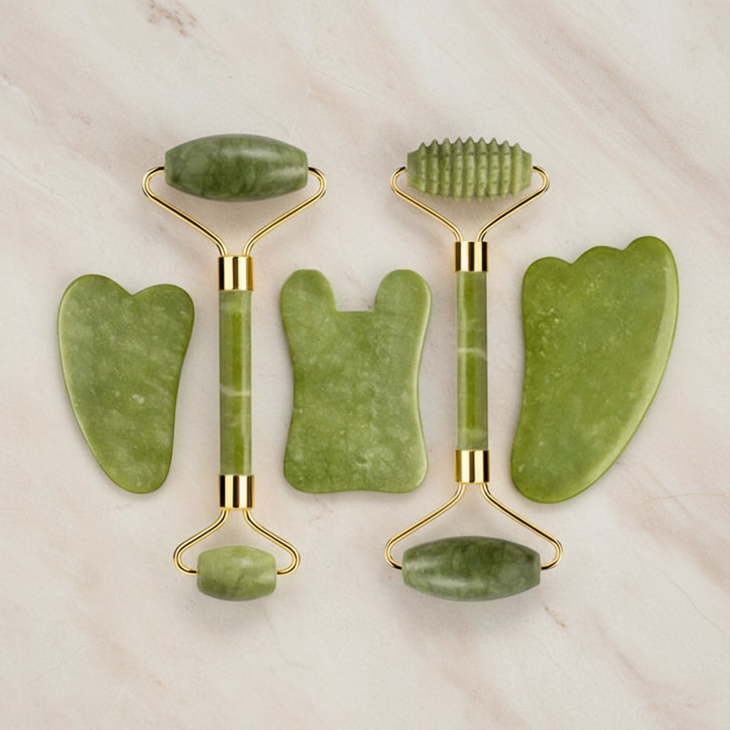 Set Massage Visage & Corps en Jade Naturel – Roller, Gua Sha & Peigne Liftant Anti-Âge
