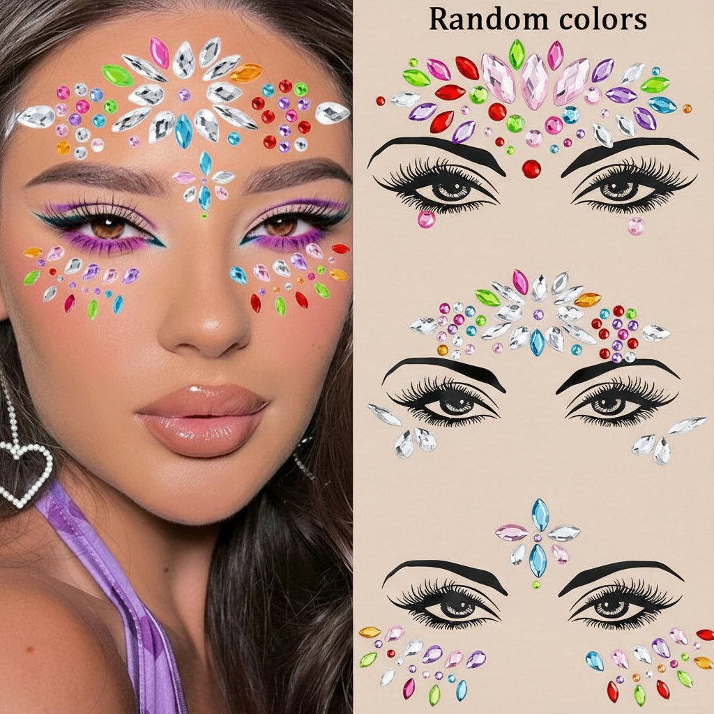 Plaquette de Strass 3D Colorés Autocollants pour Visage – Tatouages Éphémères Étincelants, Waterproof, Idéal Festival & Maquillage