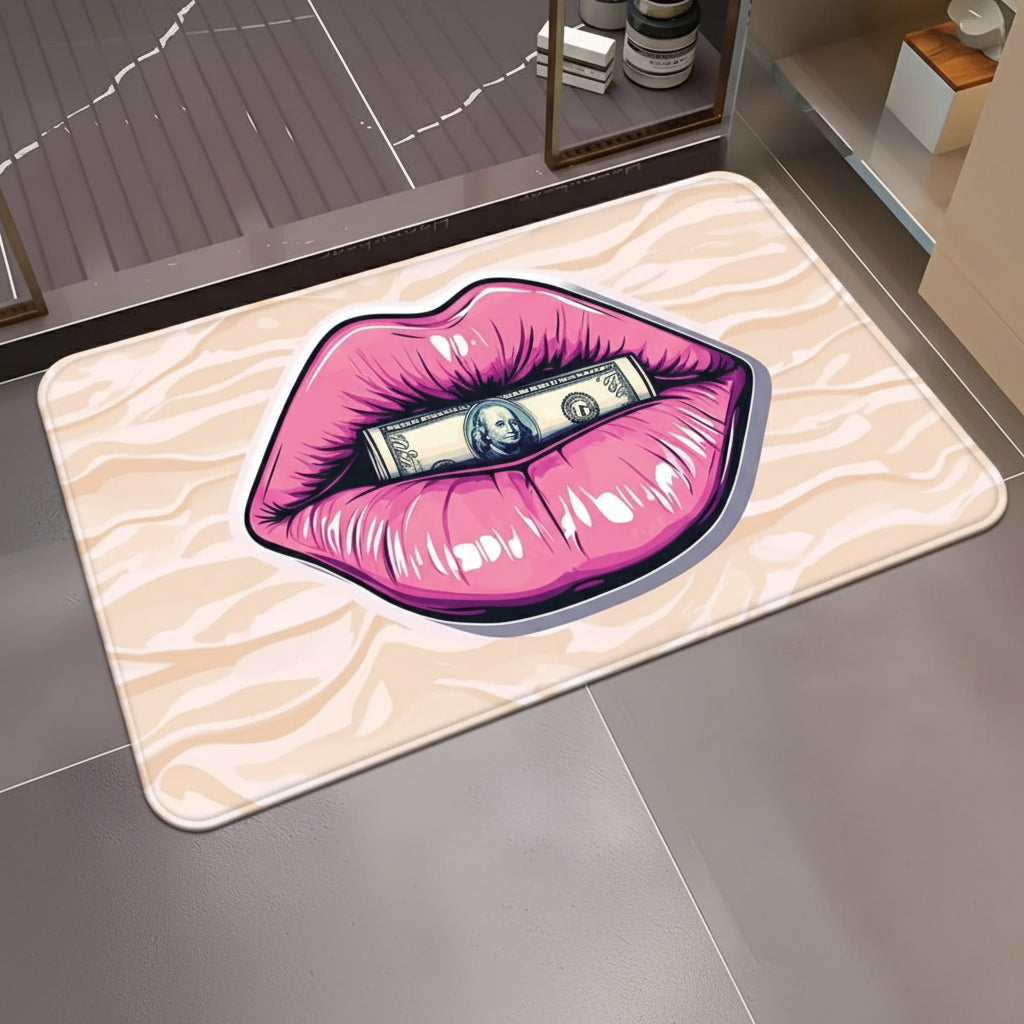 Tapis imprimé rose avec lèvres & dollar – Anti-dérapant et lavable,