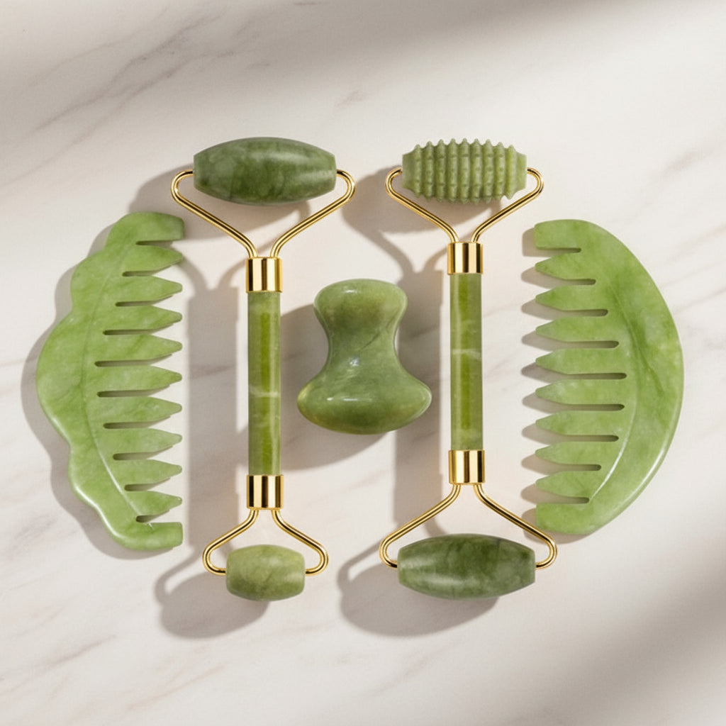 Set Massage Visage & Corps en Jade Naturel – Roller, Gua Sha & Peigne Liftant Anti-Âge