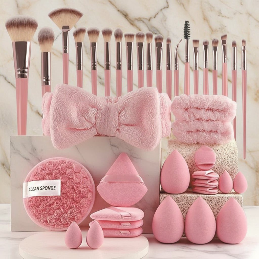 Lot Complet 40 Pièces Outils de Maquillage et de Soin – Ensemble Professionnel avec Pinceaux, Éponges et Accessoires de Nettoyage