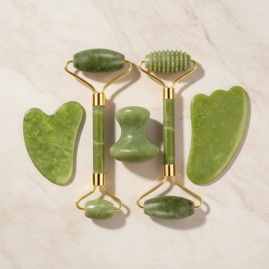 Set Massage Visage & Corps en Jade Naturel – Roller, Gua Sha & Peigne Liftant Anti-Âge