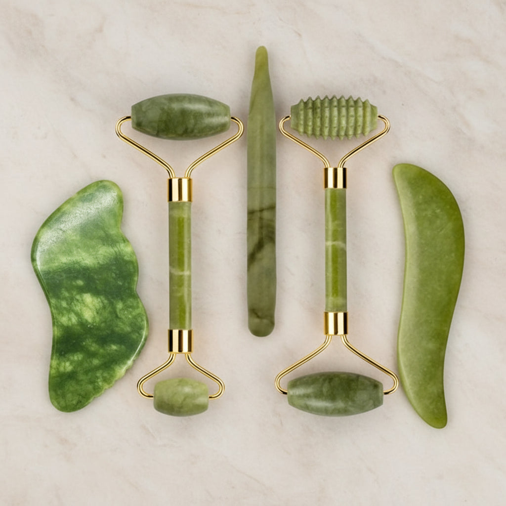 Set Massage Visage & Corps en Jade Naturel – Roller, Gua Sha & Peigne Liftant Anti-Âge