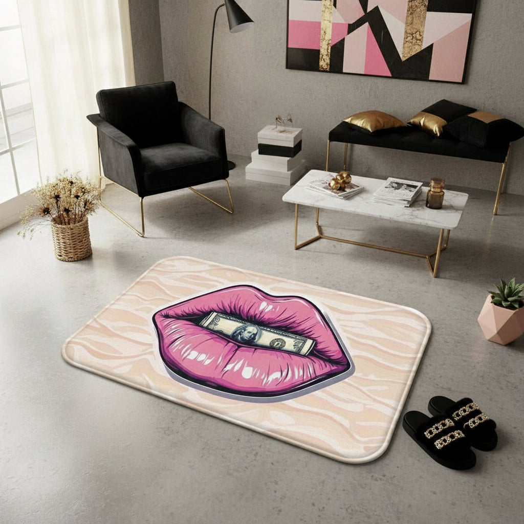 Tapis imprimé rose avec lèvres & dollar – Anti-dérapant et lavable,
