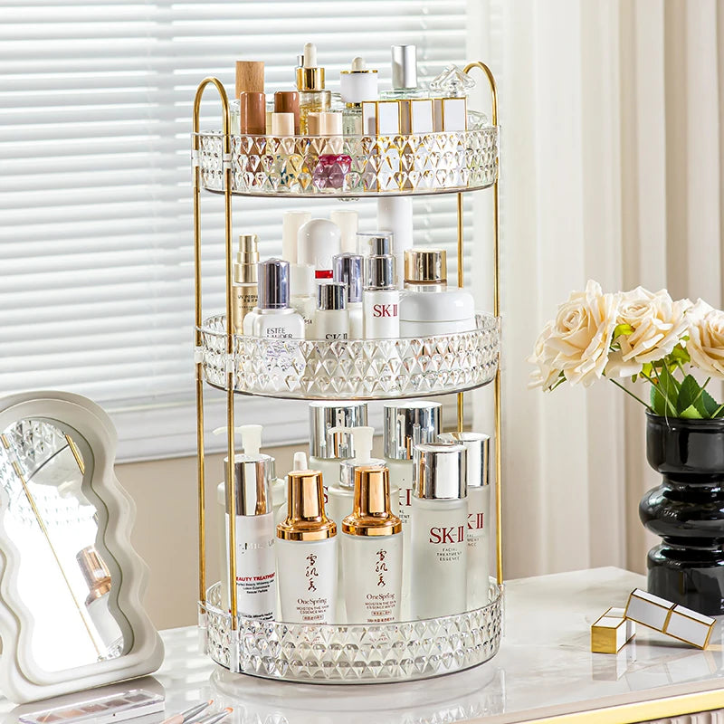 Organisateur Cosmétique Rotatif 360° à 3 Niveaux – Design Diamant Transparent et Doré