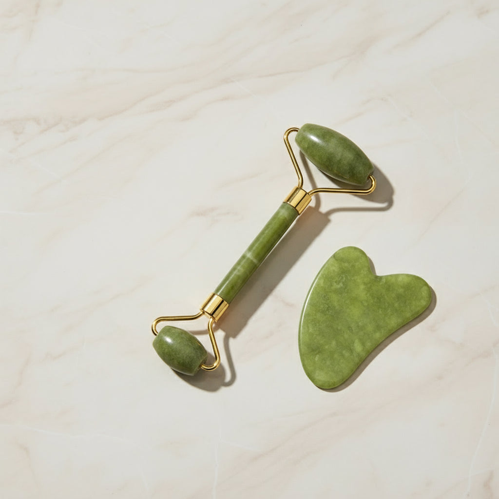 Set Massage Visage & Corps en Jade Naturel – Roller, Gua Sha & Peigne Liftant Anti-Âge