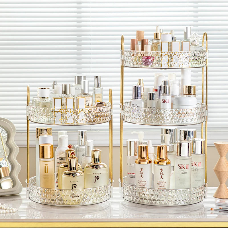 Organisateur Cosmétique Rotatif 360° à 3 Niveaux – Design Diamant Transparent et Doré