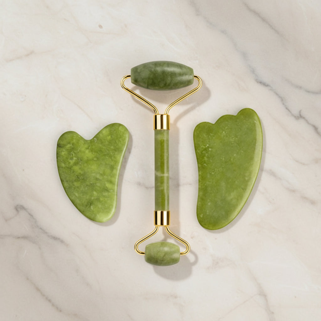 Set Massage Visage & Corps en Jade Naturel – Roller, Gua Sha & Peigne Liftant Anti-Âge