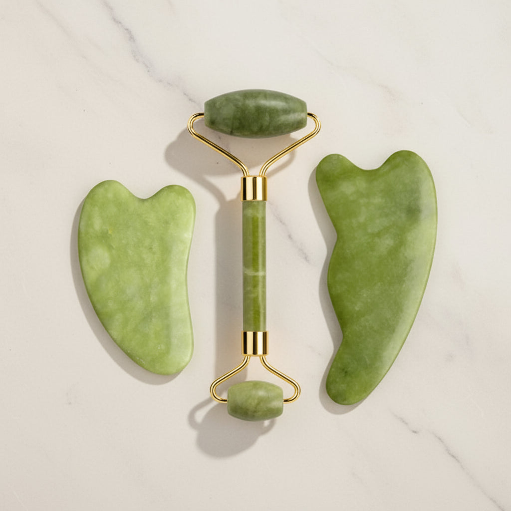 Set Massage Visage & Corps en Jade Naturel – Roller, Gua Sha & Peigne Liftant Anti-Âge