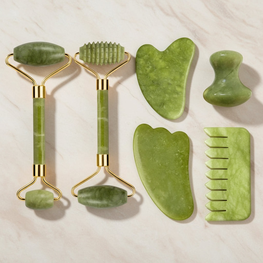 Set Massage Visage & Corps en Jade Naturel – Roller, Gua Sha & Peigne Liftant Anti-Âge