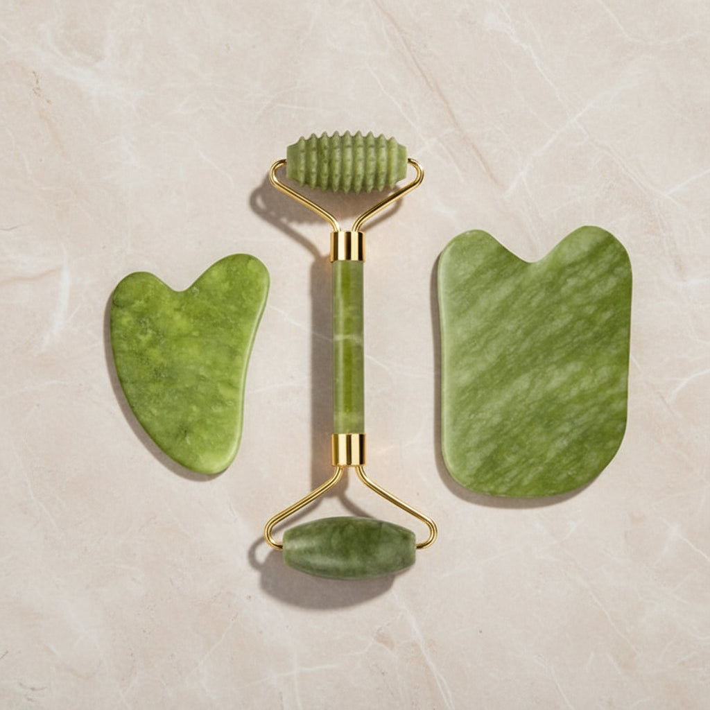 Set Massage Visage & Corps en Jade Naturel – Roller, Gua Sha & Peigne Liftant Anti-Âge