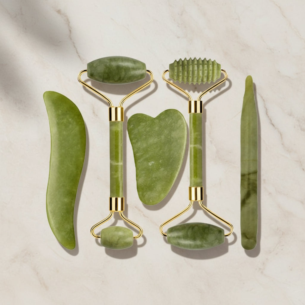 Set Massage Visage & Corps en Jade Naturel – Roller, Gua Sha & Peigne Liftant Anti-Âge