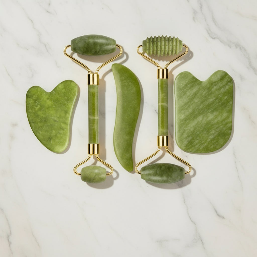 Set Massage Visage & Corps en Jade Naturel – Roller, Gua Sha & Peigne Liftant Anti-Âge