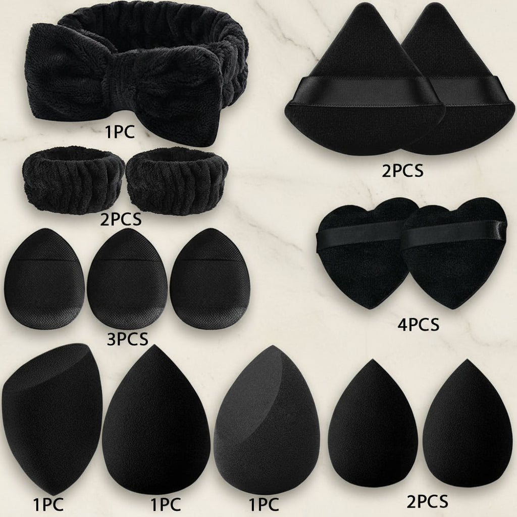 Set 17Pcs Éponges Maquillage & Accessoires – Beauty Blender, Poudre & Bandeau Visage