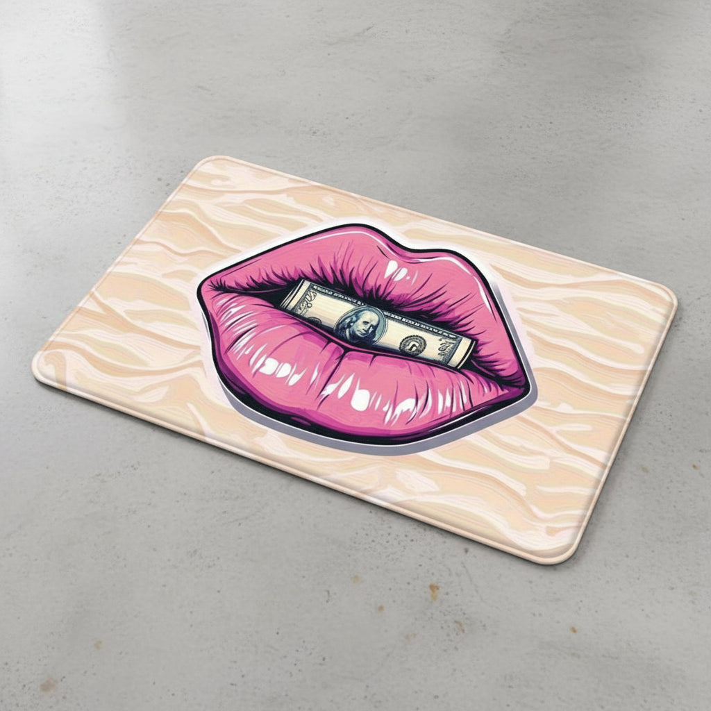 Tapis imprimé rose avec lèvres & dollar – Anti-dérapant et lavable,