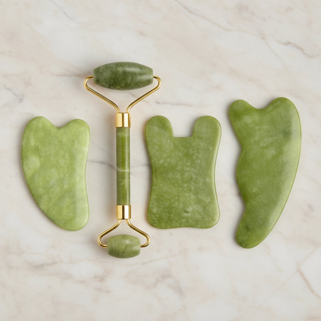 Set Massage Visage & Corps en Jade Naturel – Roller, Gua Sha & Peigne Liftant Anti-Âge