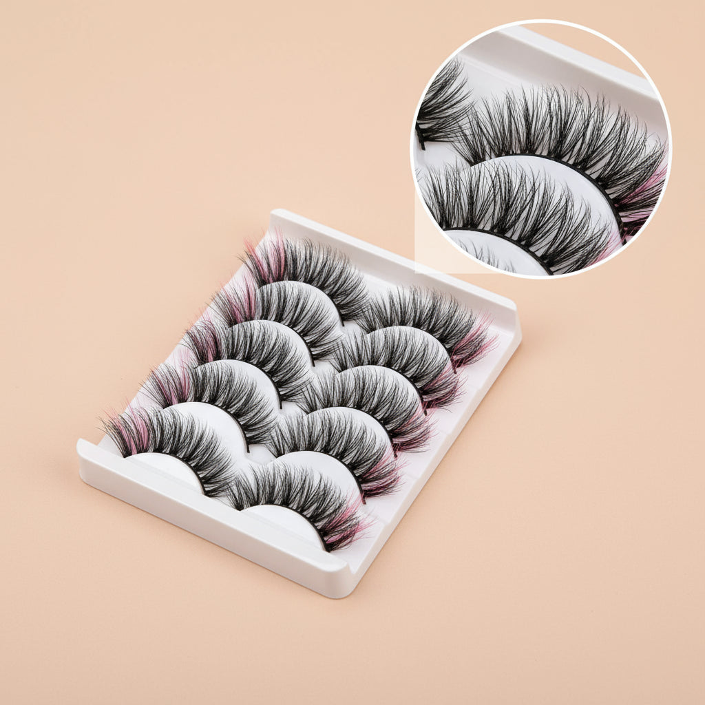 Faux Cils 3D Colorés en Fourrure de Vison Synthétique – Mélange Rose, Bleu, Rouge et Blanc