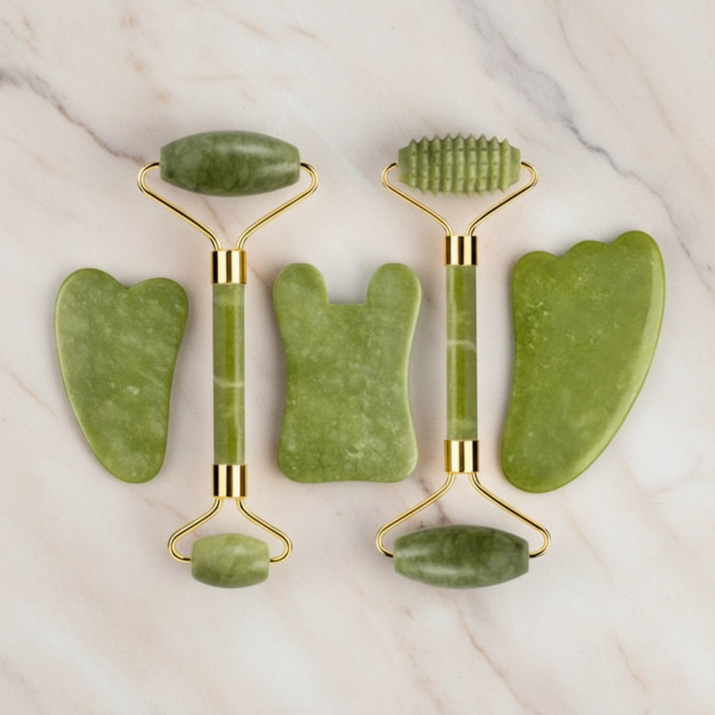 Set Massage Visage & Corps en Jade Naturel – Roller, Gua Sha & Peigne Liftant Anti-Âge