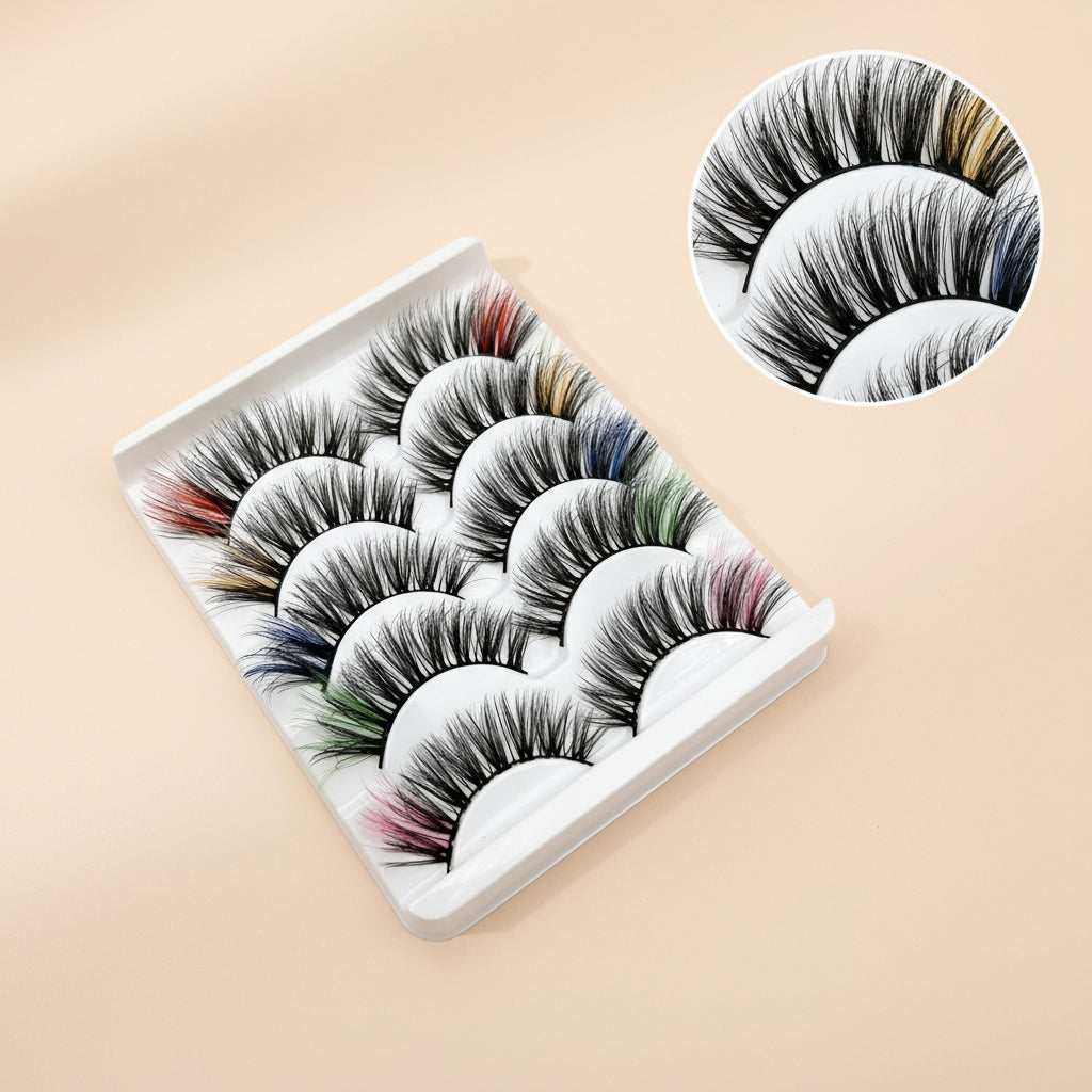 Faux Cils 3D Colorés en Fourrure de Vison Synthétique – Mélange Rose, Bleu, Rouge et Blanc