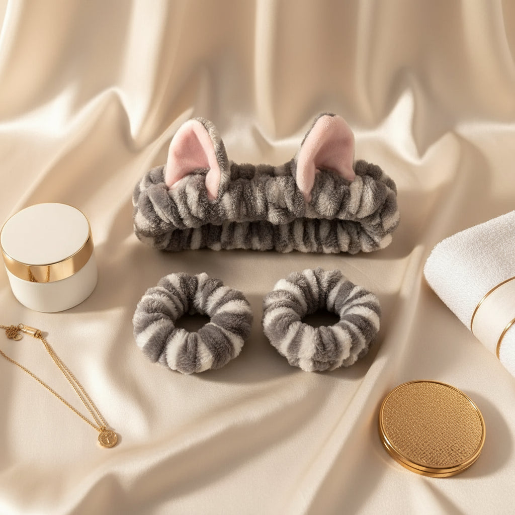 Bandeau Oreilles de Chat + Poignets Éponge – Ensemble SPA et Soin du Visage