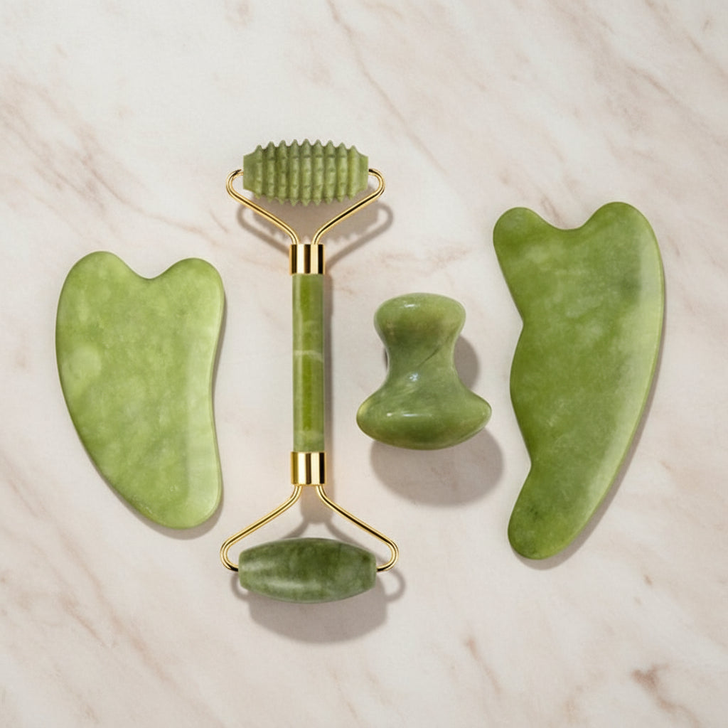 Set Massage Visage & Corps en Jade Naturel – Roller, Gua Sha & Peigne Liftant Anti-Âge
