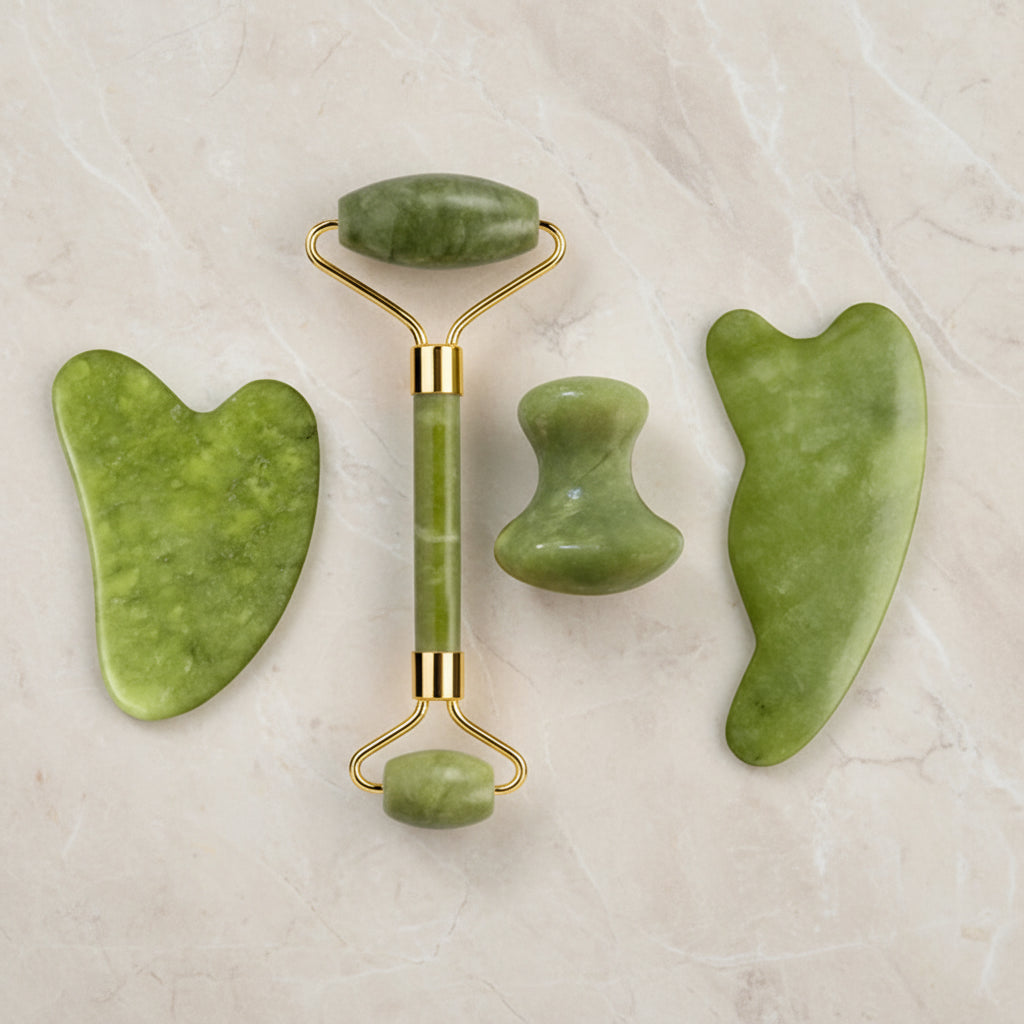 Set Massage Visage & Corps en Jade Naturel – Roller, Gua Sha & Peigne Liftant Anti-Âge