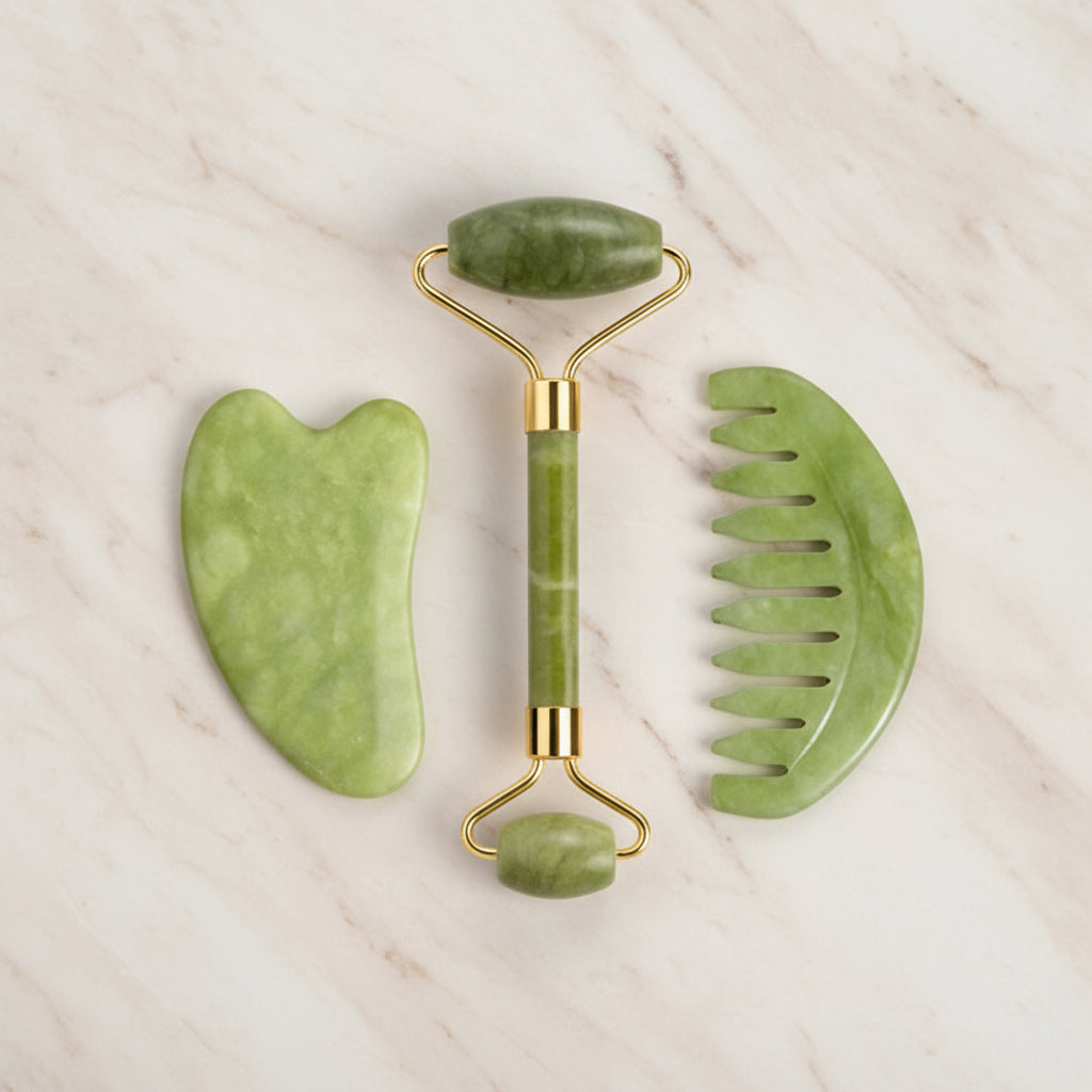 Set Massage Visage & Corps en Jade Naturel – Roller, Gua Sha & Peigne Liftant Anti-Âge