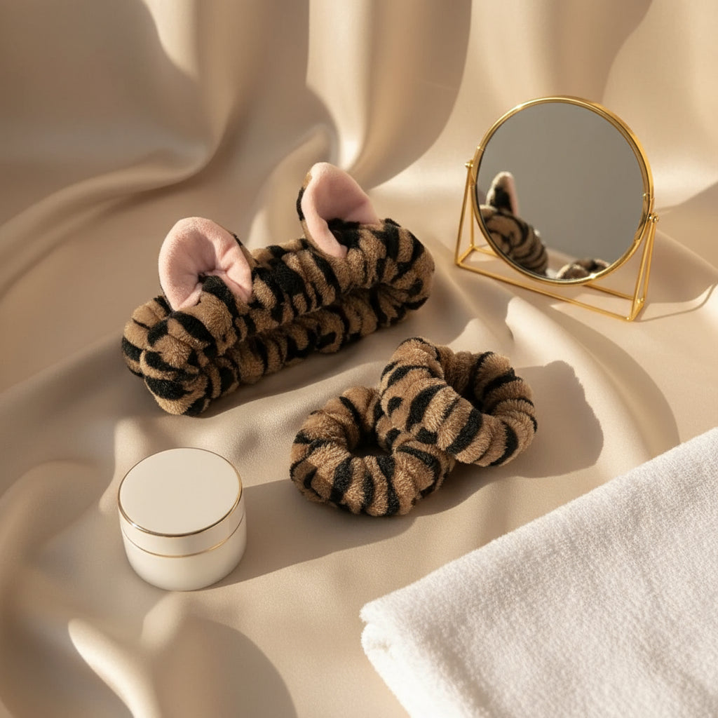 Bandeau Oreilles de Chat + Poignets Éponge – Ensemble SPA et Soin du Visage