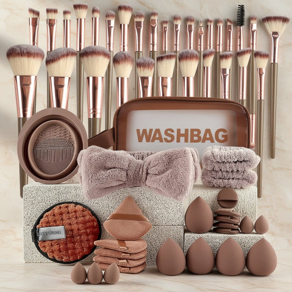 Lot Complet 40 Pièces Outils de Maquillage et de Soin – Ensemble Professionnel avec Pinceaux, Éponges et Accessoires de Nettoyage