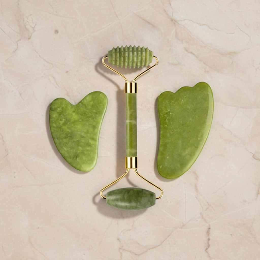 Set Massage Visage & Corps en Jade Naturel – Roller, Gua Sha & Peigne Liftant Anti-Âge