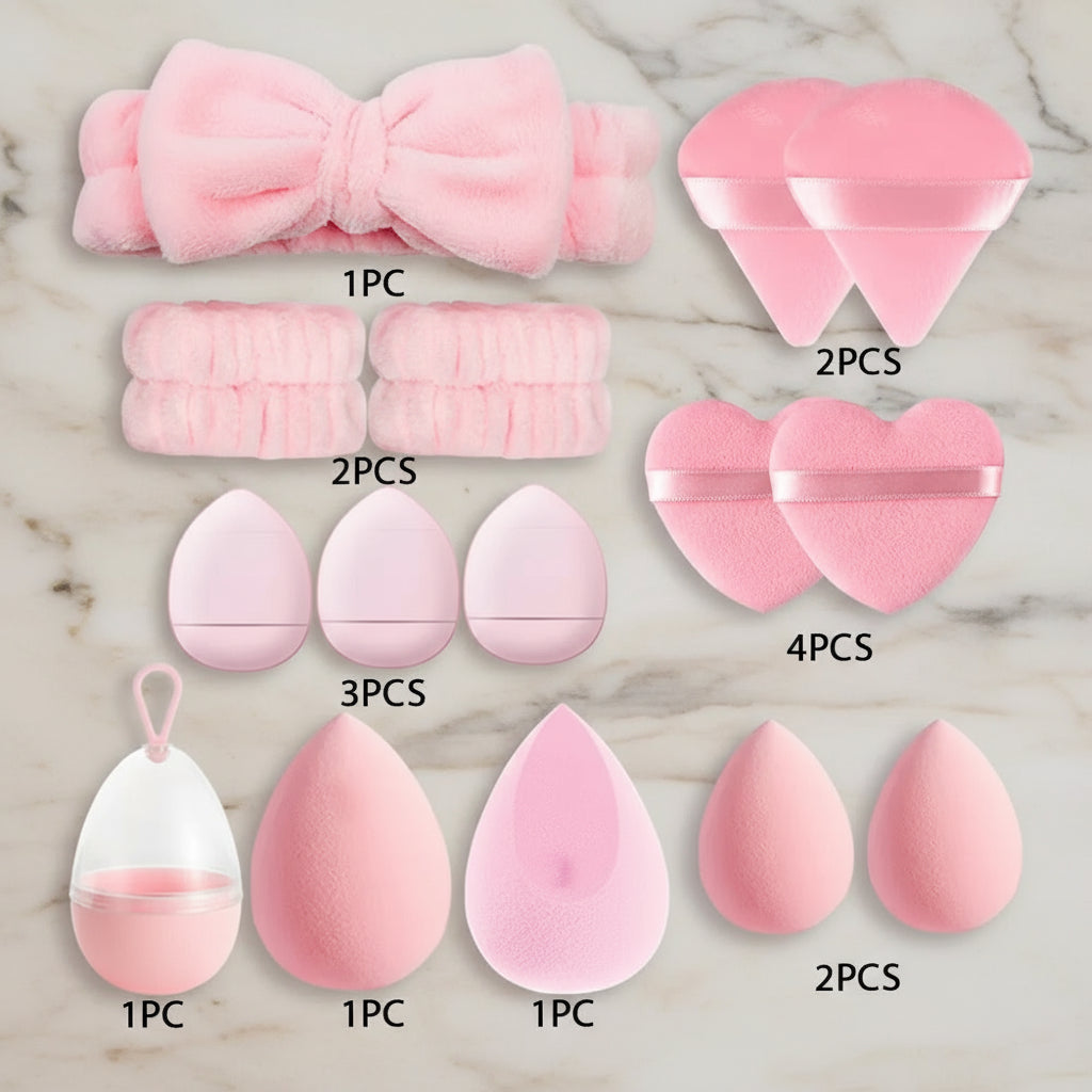Set 17Pcs Éponges Maquillage & Accessoires – Beauty Blender, Poudre & Bandeau Visage
