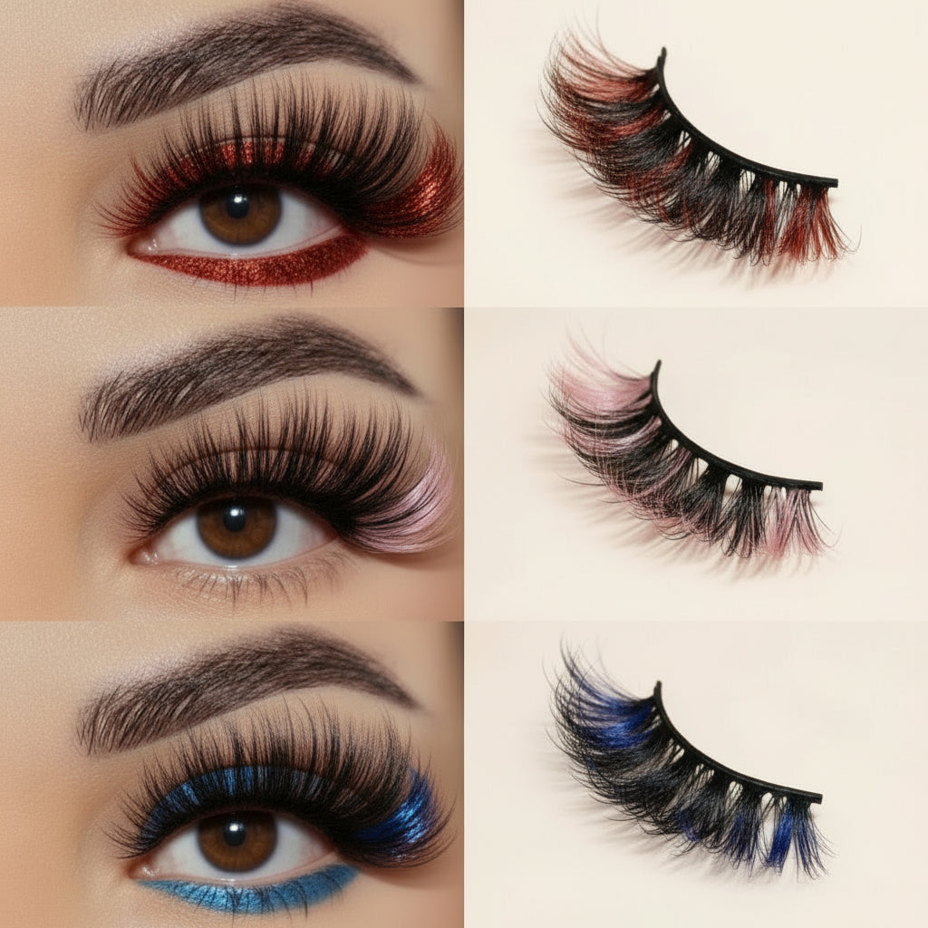 Faux Cils 3D Colorés en Fourrure de Vison Synthétique – Mélange Rose, Bleu, Rouge et Blanc
