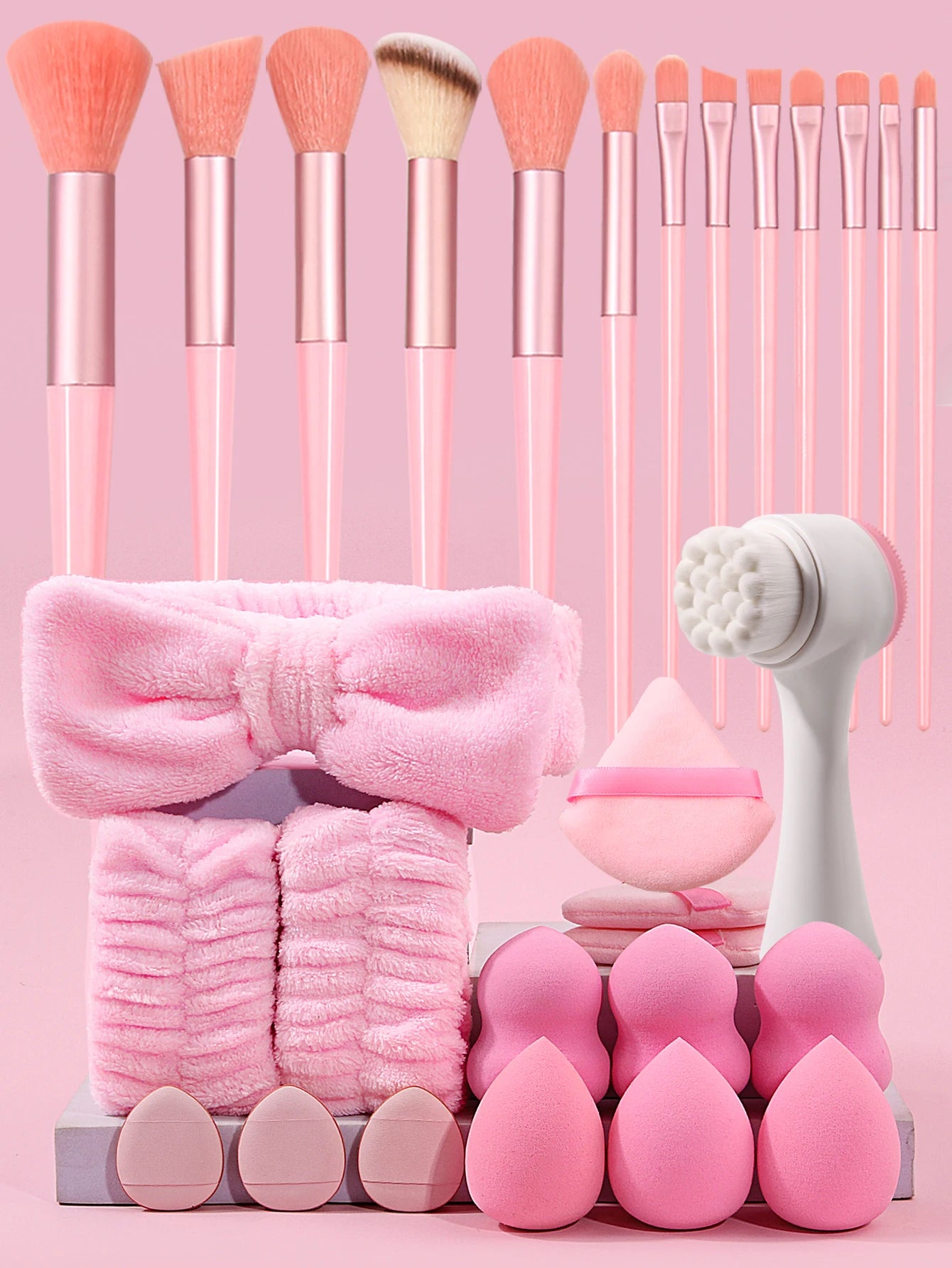 Coffret Beauté 29 Pièces – Set 13 Pinceaux de Maquillage, 12 Éponges, Brosse Nettoyante, Bandeau et Poignets