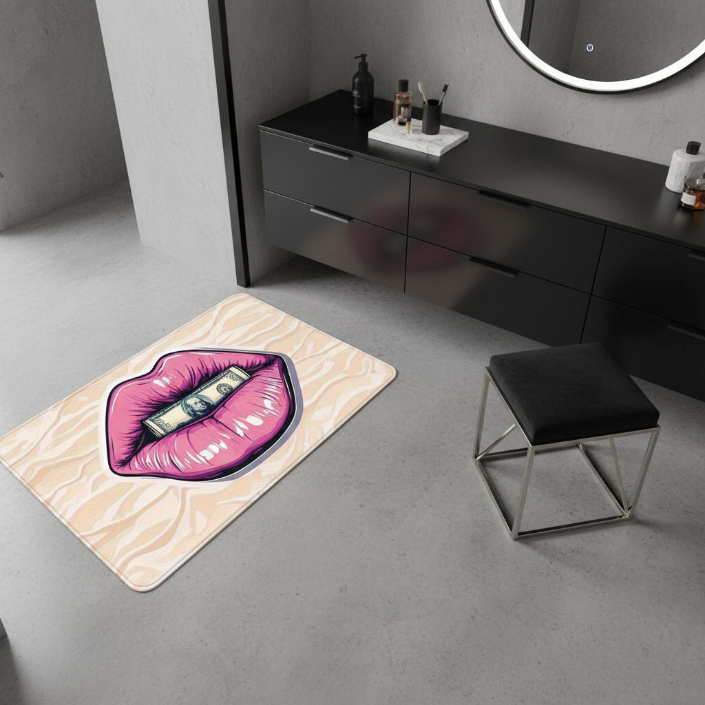 Tapis imprimé rose avec lèvres & dollar – Anti-dérapant et lavable,