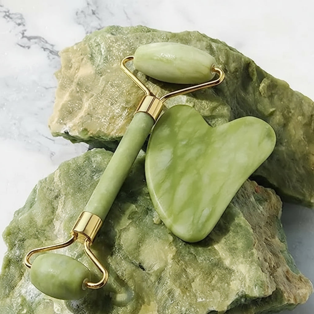 Set Massage Visage & Corps en Jade Naturel – Roller, Gua Sha & Peigne Liftant Anti-Âge