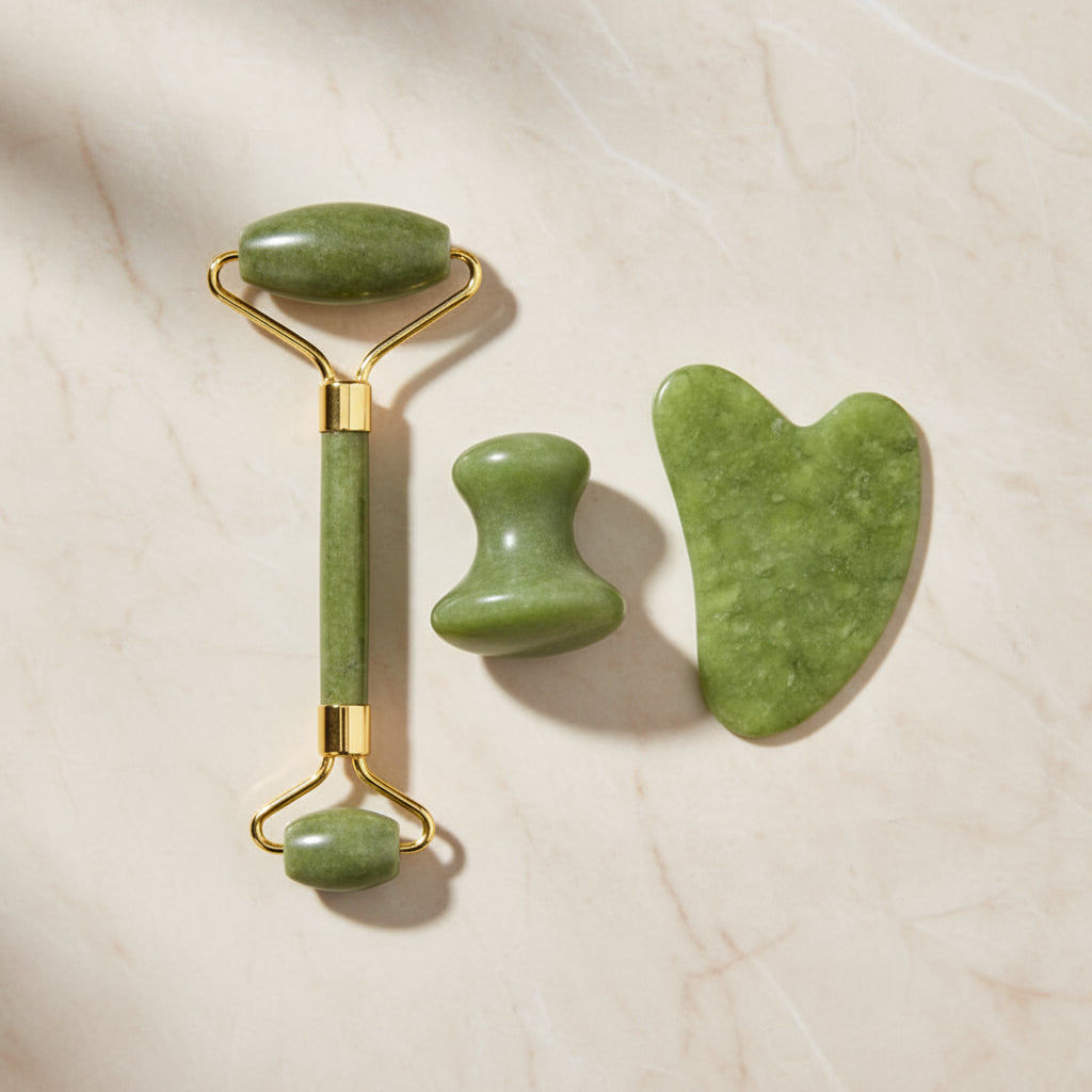 Set Massage Visage & Corps en Jade Naturel – Roller, Gua Sha & Peigne Liftant Anti-Âge