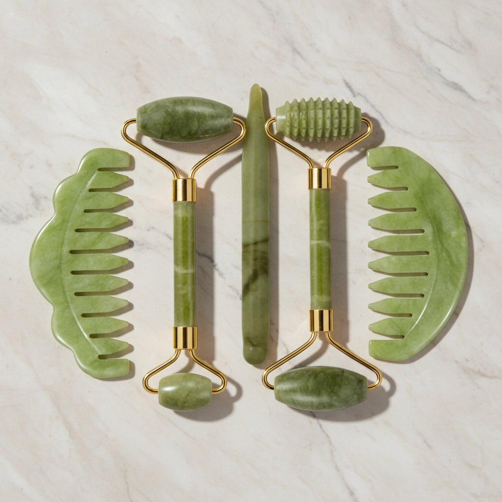 Set Massage Visage & Corps en Jade Naturel – Roller, Gua Sha & Peigne Liftant Anti-Âge