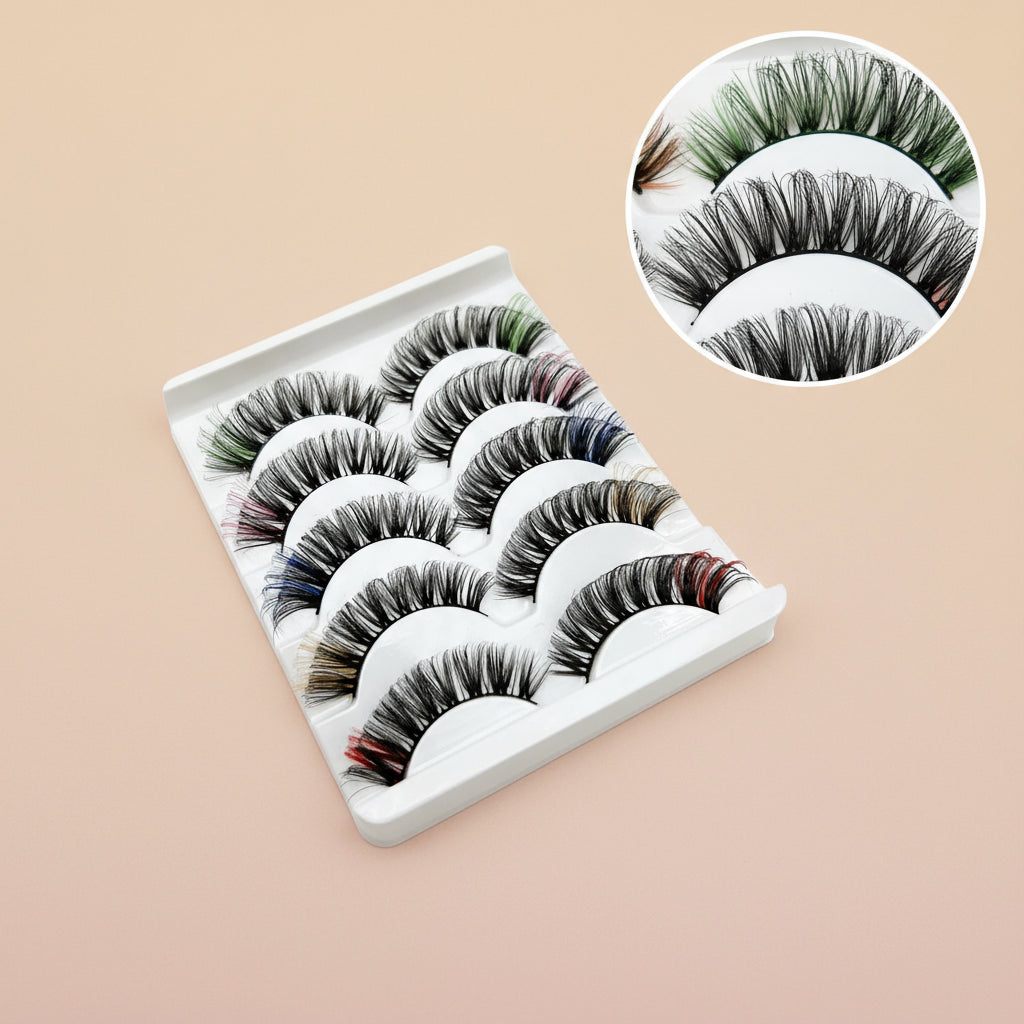 Faux Cils 3D Colorés en Fourrure de Vison Synthétique – Mélange Rose, Bleu, Rouge et Blanc
