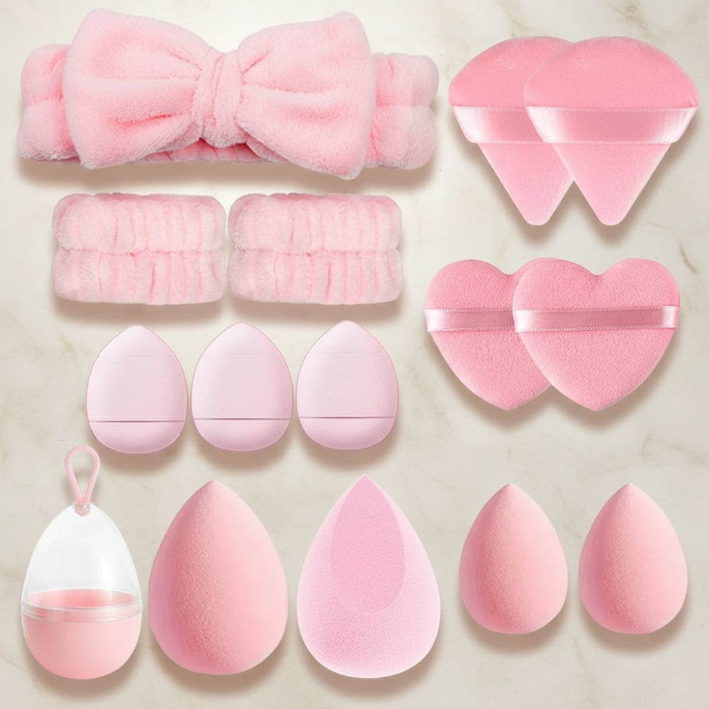 Set 17Pcs Éponges Maquillage & Accessoires – Beauty Blender, Poudre & Bandeau Visage