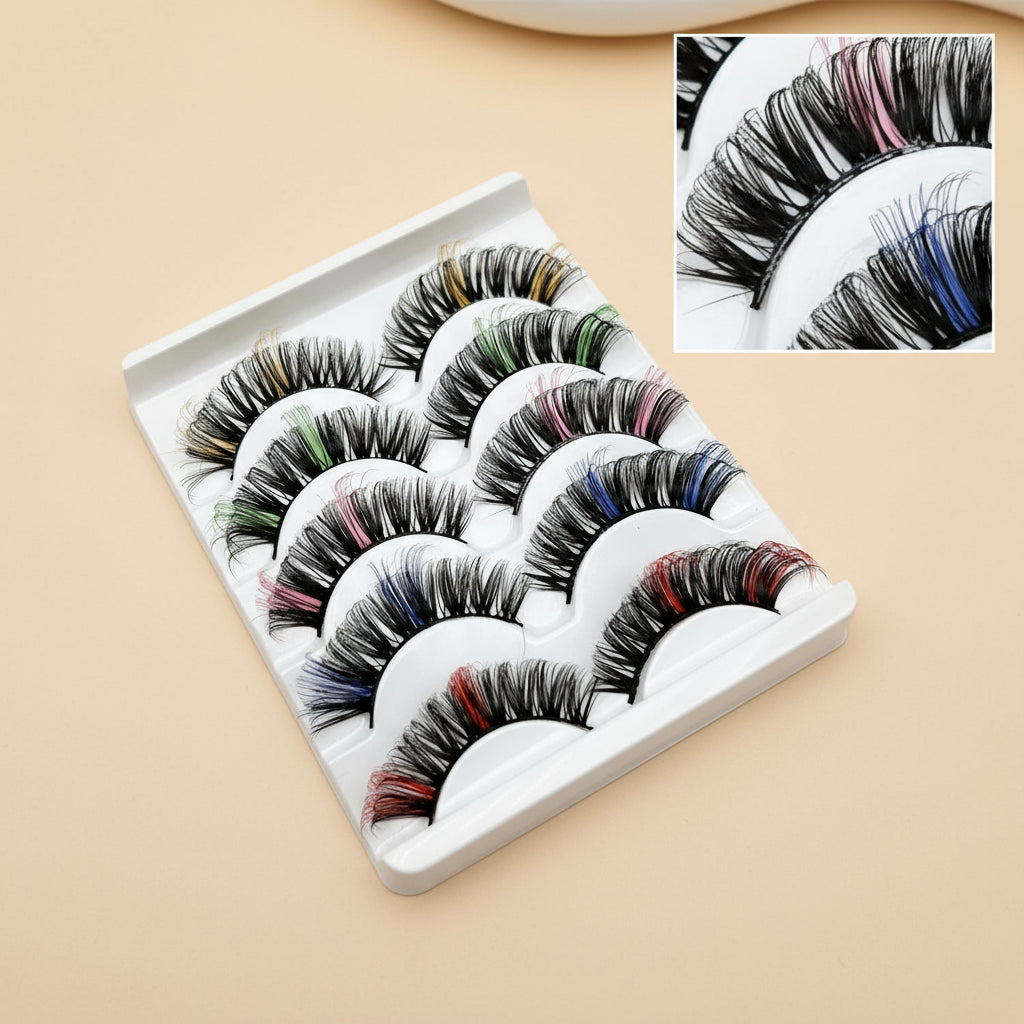 Faux Cils 3D Colorés en Fourrure de Vison Synthétique – Mélange Rose, Bleu, Rouge et Blanc