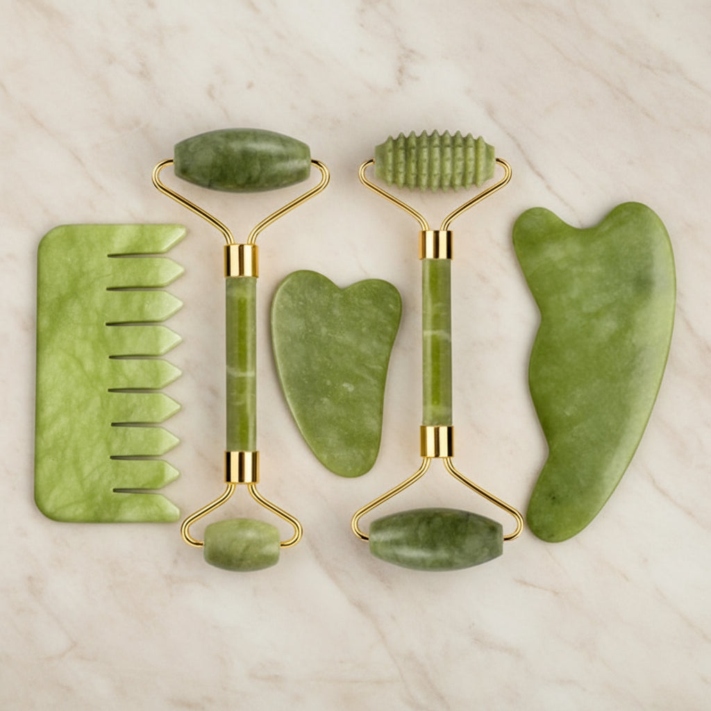 Set Massage Visage & Corps en Jade Naturel – Roller, Gua Sha & Peigne Liftant Anti-Âge