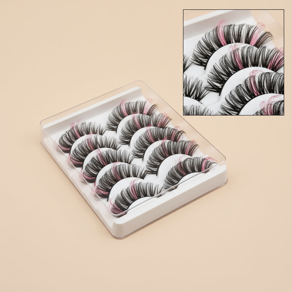 Faux Cils 3D Colorés en Fourrure de Vison Synthétique – Mélange Rose, Bleu, Rouge et Blanc