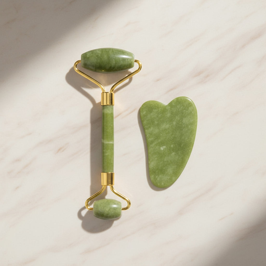 Set Massage Visage & Corps en Jade Naturel – Roller, Gua Sha & Peigne Liftant Anti-Âge