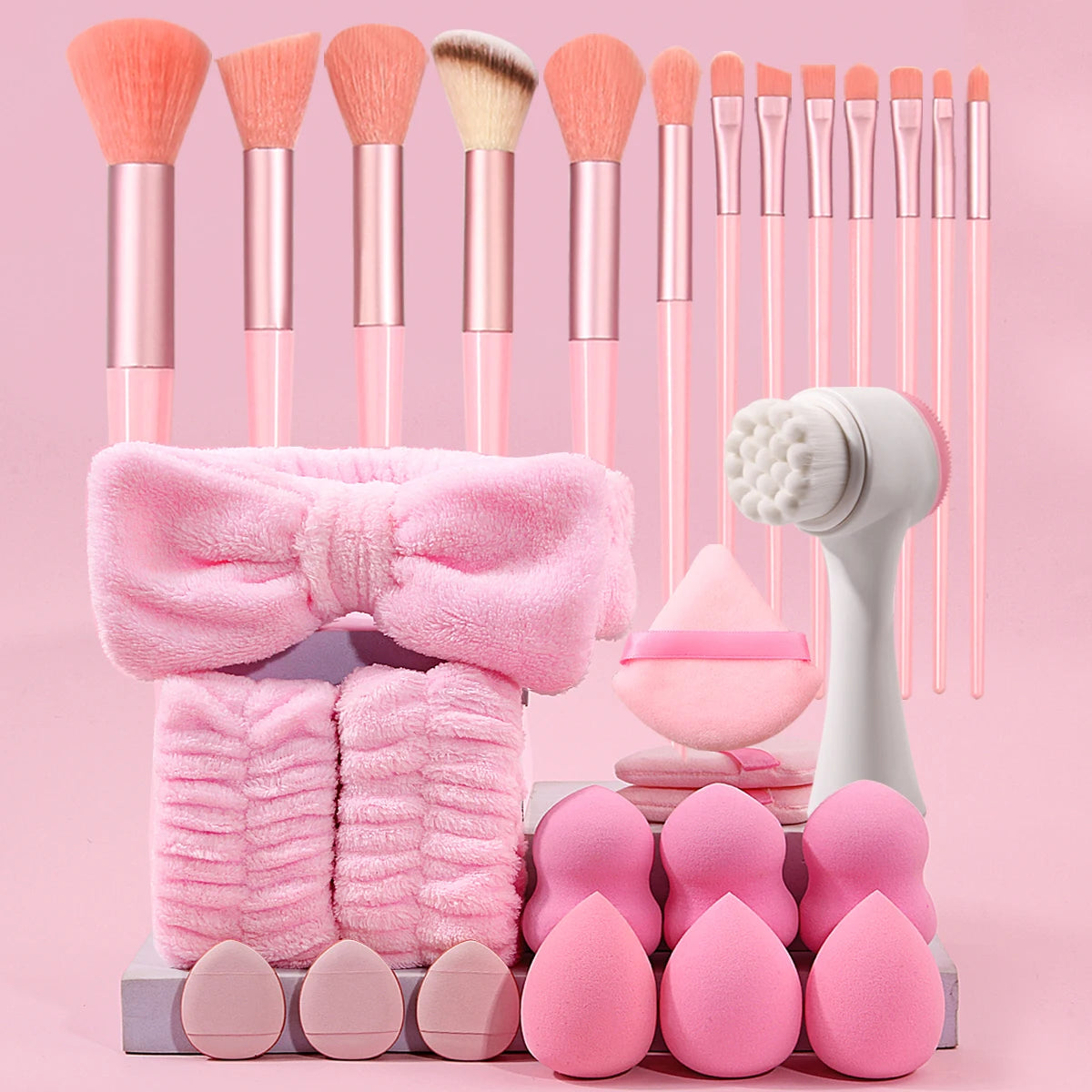 Coffret Beauté 29 Pièces – Set 13 Pinceaux de Maquillage, 12 Éponges, Brosse Nettoyante, Bandeau et Poignets