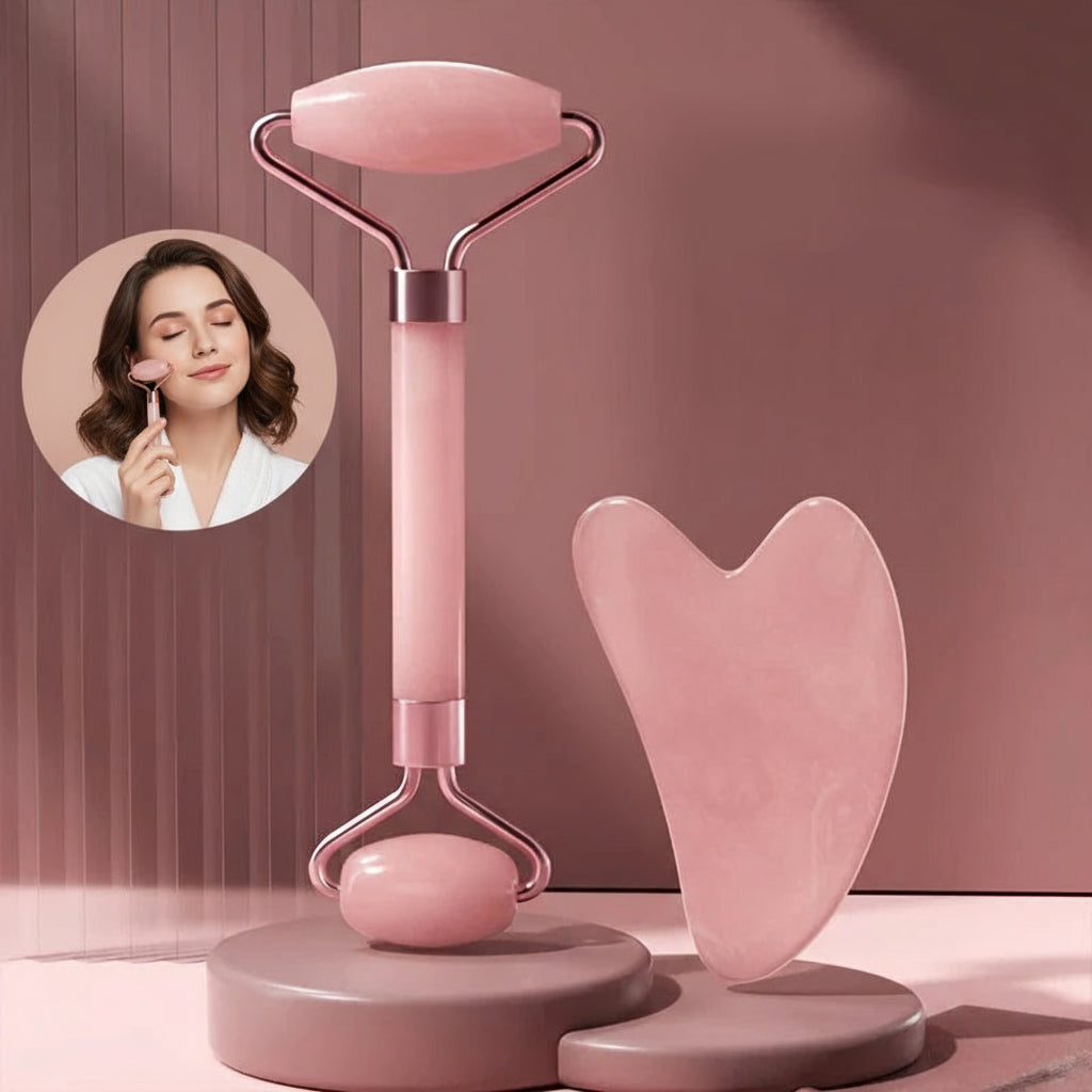 Rouleau de Jade Rose & Gua Sha – Massage Visage Anti-Âge et Éclat Naturel