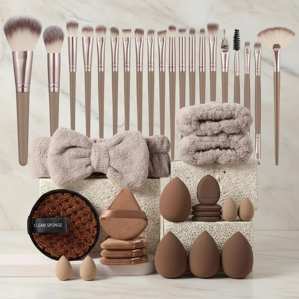 Lot Complet 40 Pièces Outils de Maquillage et de Soin – Ensemble Professionnel avec Pinceaux, Éponges et Accessoires de Nettoyage
