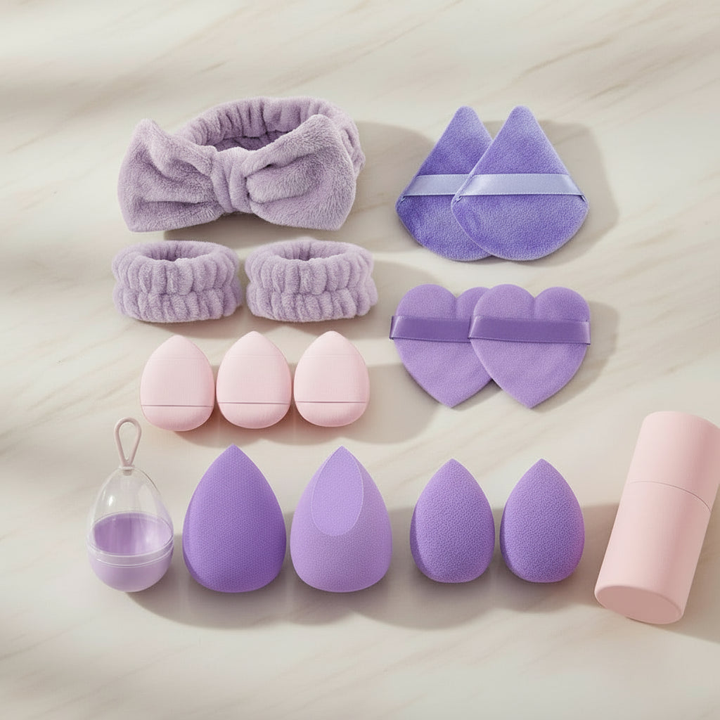 Set 17Pcs Éponges Maquillage & Accessoires – Beauty Blender, Poudre & Bandeau Visage