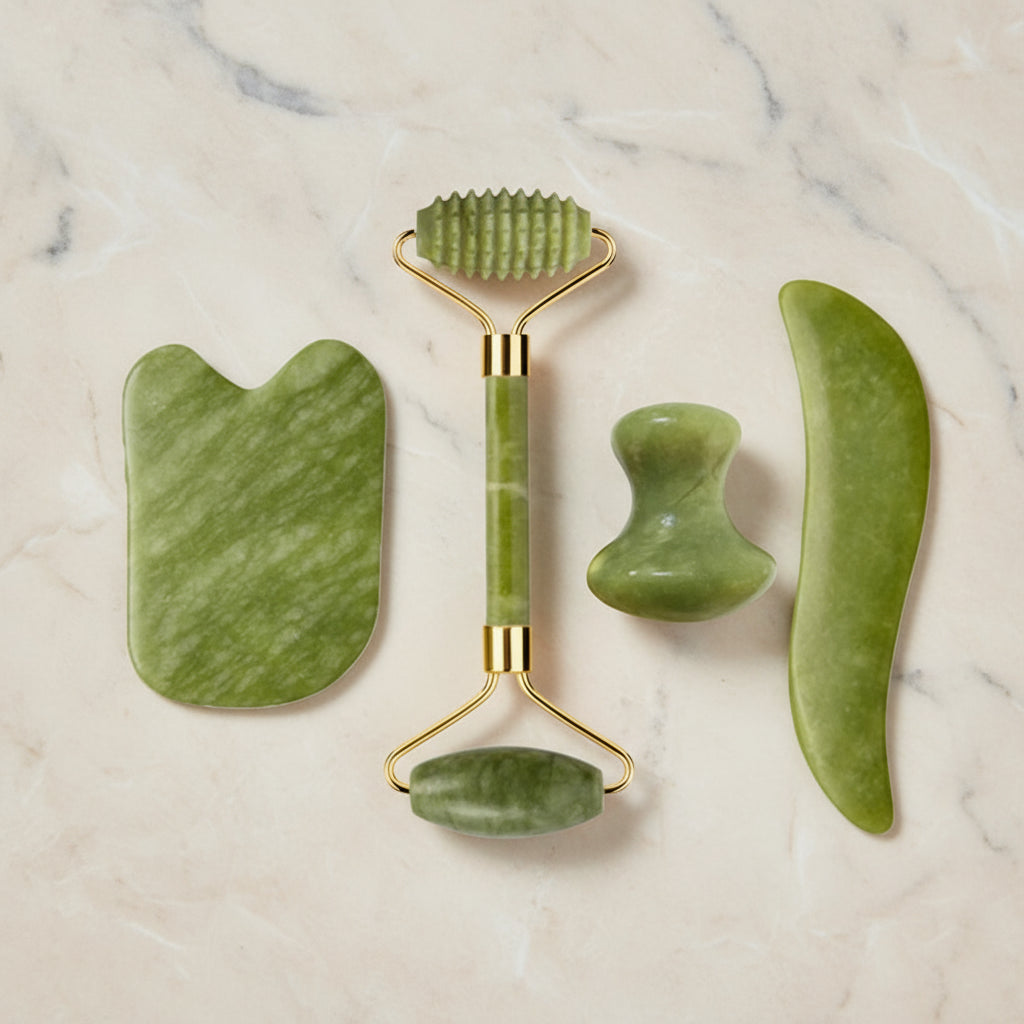 Set Massage Visage & Corps en Jade Naturel – Roller, Gua Sha & Peigne Liftant Anti-Âge