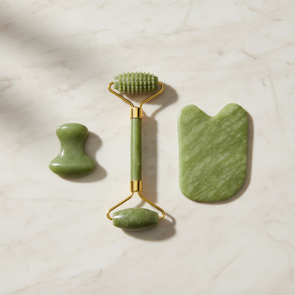 Set Massage Visage & Corps en Jade Naturel – Roller, Gua Sha & Peigne Liftant Anti-Âge
